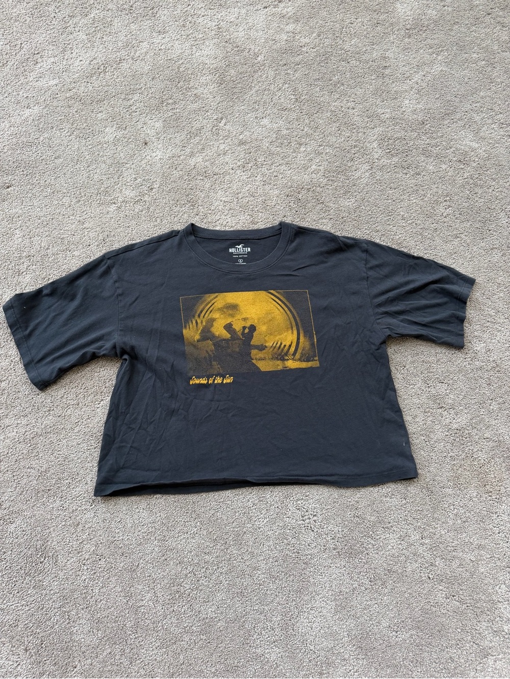Hollister Women’s Washed Black Graphic Tee with Yellow Surf Print